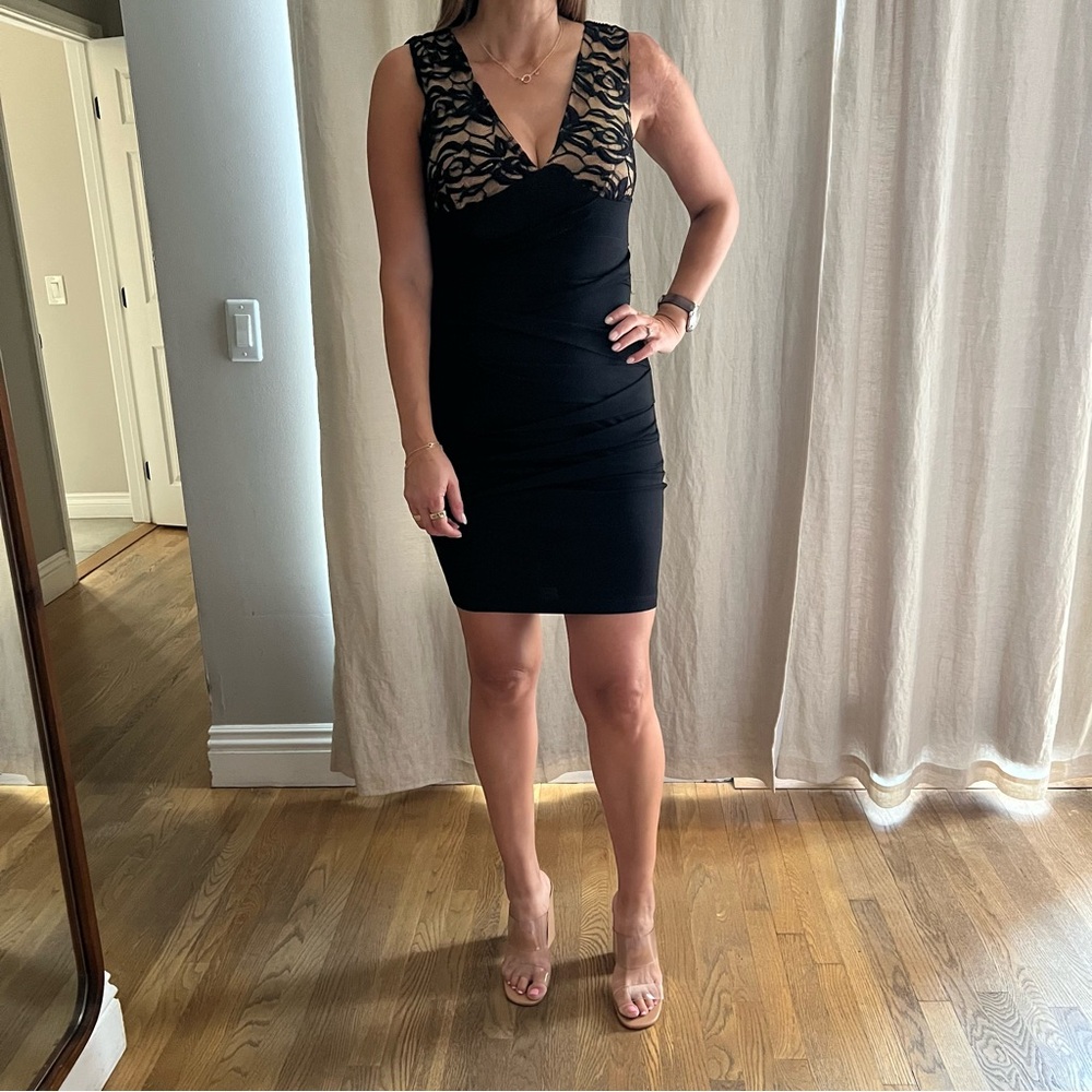 Women’s Intermission Black Lace V Neck Ruched Cocktail Party Dress Sexy LBD 6